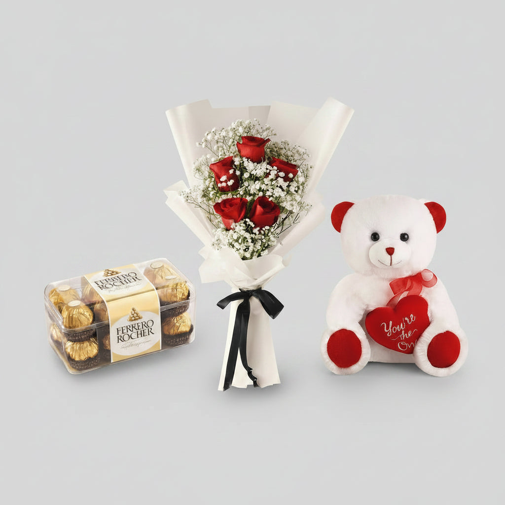 Red Roses, Ferrero Rocher & Teddy Bear Gift Bouquet-italianflowerkw