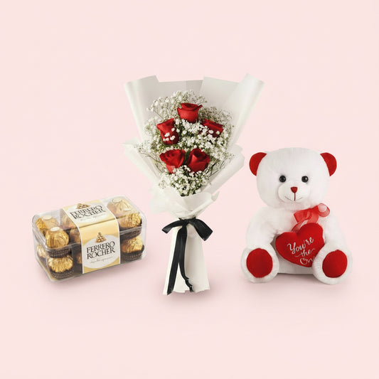 Red Roses, Ferrero Rocher & Teddy Bear Gift Bouquet-italianflowerkw