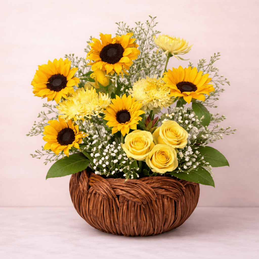 Sunflower Basket Arrangement – Vibrant Floral Bouquet Gift-italianflowerkwsunflower