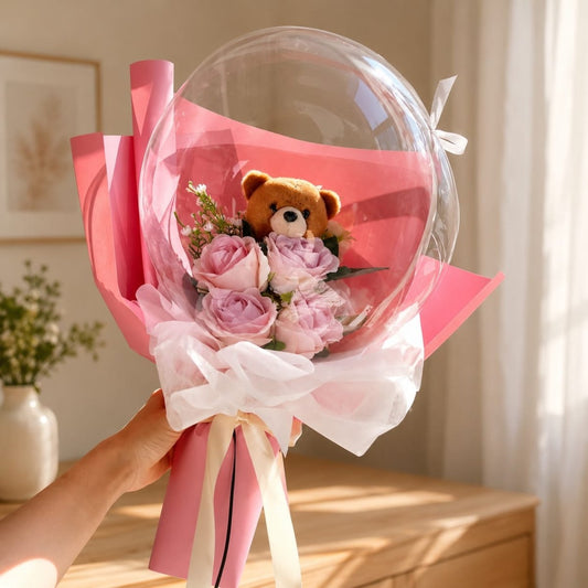 Bobo Balloon with Teddy Bear & Roses Bouquet. - italianflowerkw
