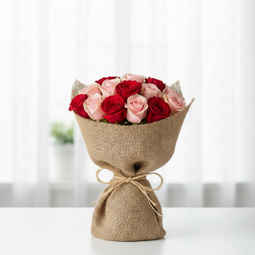 Red & Pink Roses Rustic Bouquet-italianflowerkwValentine's Flower Bouquet