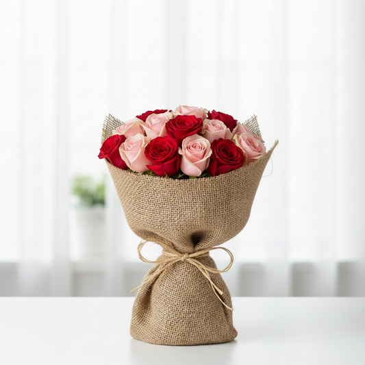 Red & Pink Roses Rustic Bouquet-italianflowerkwValentine's Flower Bouquet