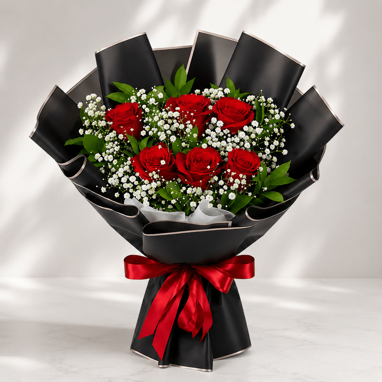 Classic Red Roses Bouquet in Black Wrap-italianflowerkw