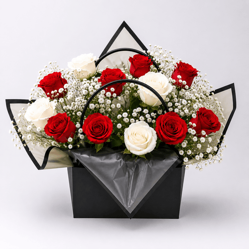 Classic Red & White Rose Bag Arrangement-italianflowerkw