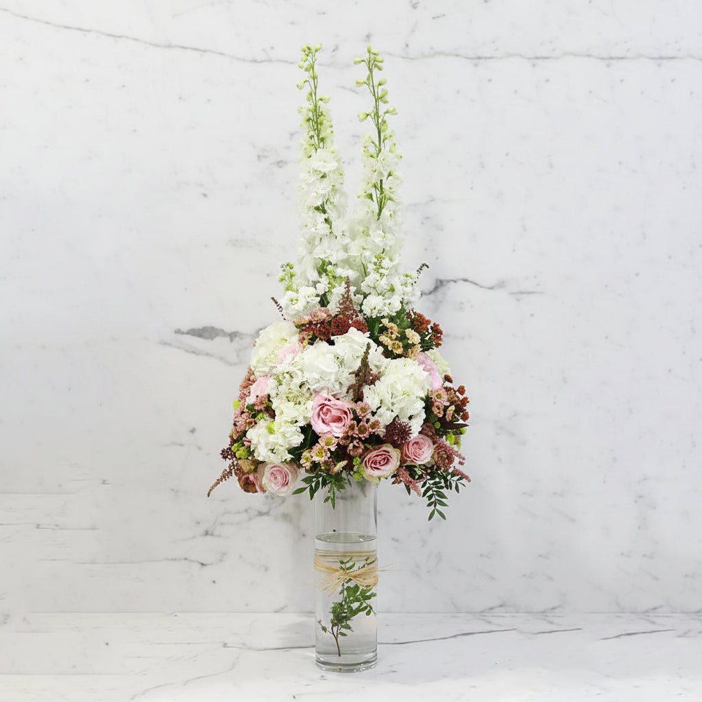 White Hydrangea & Pink Roses Vase Arrangement-italianflowerkw
