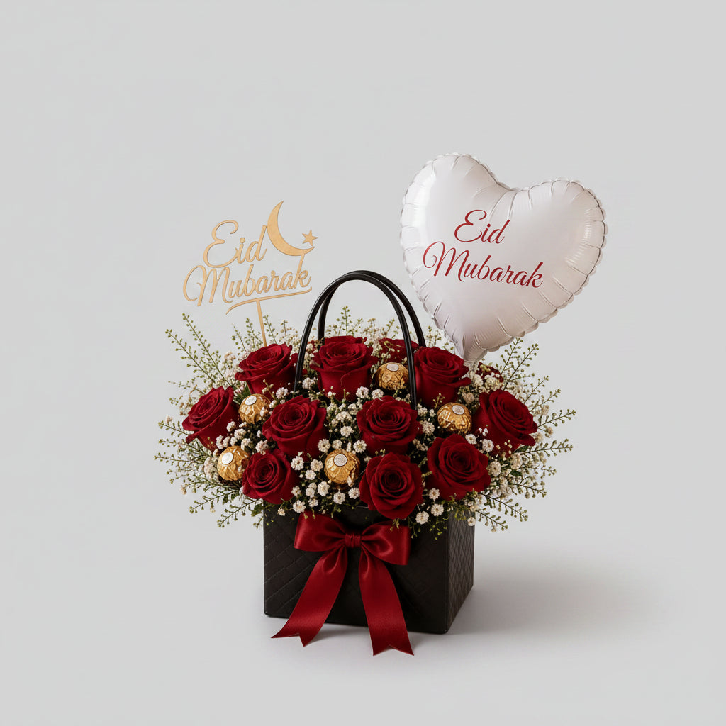 Eid Mubarak Rose Bag with Balloon & Acrylic Topper - italianflowerkw