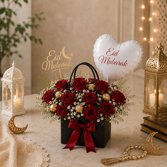 Eid Mubarak Rose Bag with Balloon & Acrylic Topper - italianflowerkw