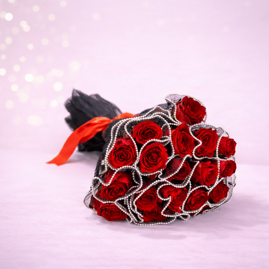 Valentine's Day Roses: Elegant Red Rose Bouquet in Black Floral Wrap-italianflowerkw