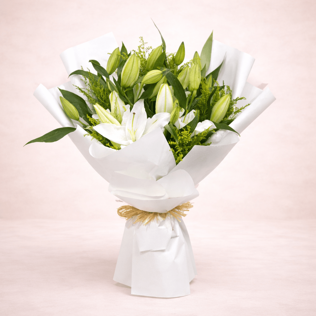 White Lily Flower Bouquet with Wrapping.-italianflowerkwWhite