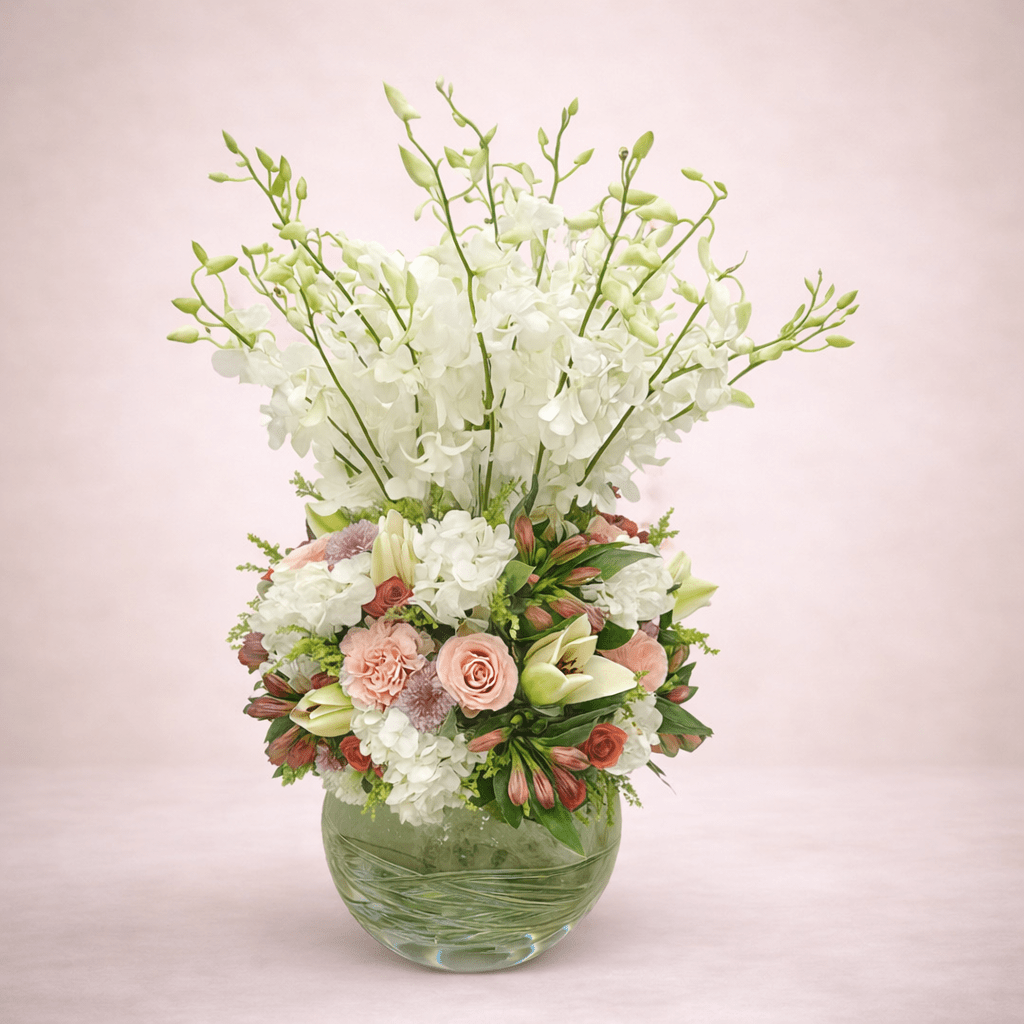 White Orchid & Pink Flower Vase Arrangement-italianflowerkw