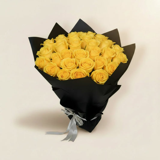 Yellow Baby Roses in Elegant Black Wrap.-italianflowerkw