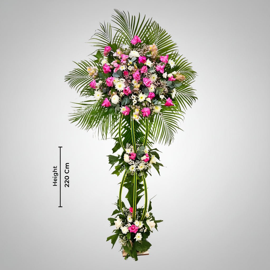 Fuchsia Roses and White Craze Bouquet with Erica and Stand-italianflowerkw