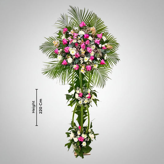 Fuchsia Roses and White Craze Bouquet with Erica and Stand-italianflowerkw