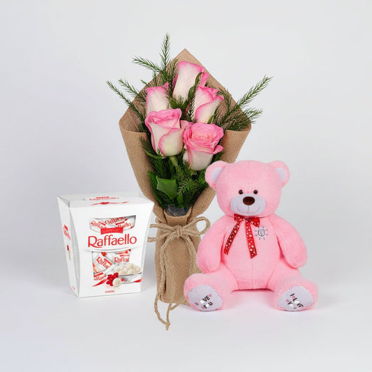 5 Pink Roses with Teddy & Raffaello Chocolate-italianflowerkw#Pink Teddy Bear Gift Set