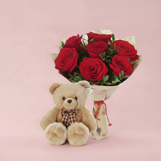 GiftoFlora Red Roses Bouquet with Teddy Bear Gift Combo-italianflowerkw