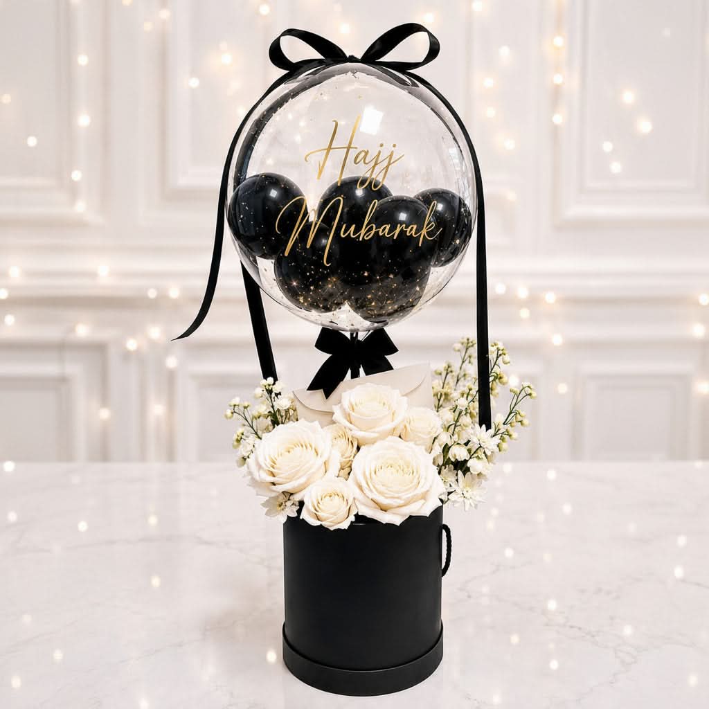 Hajj Mubarak Bobo Balloon with Flowers - italianflowerkw