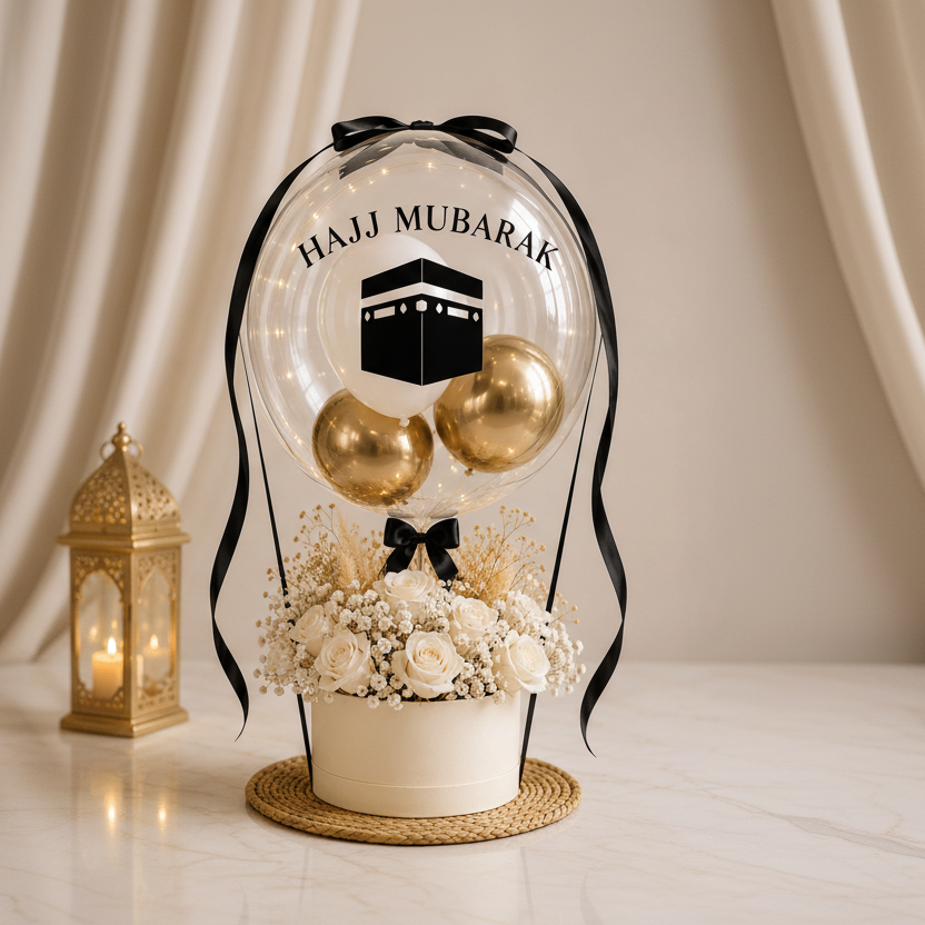 Hajj Mubarak Bobo Balloon with White Roses - italianflowerkw