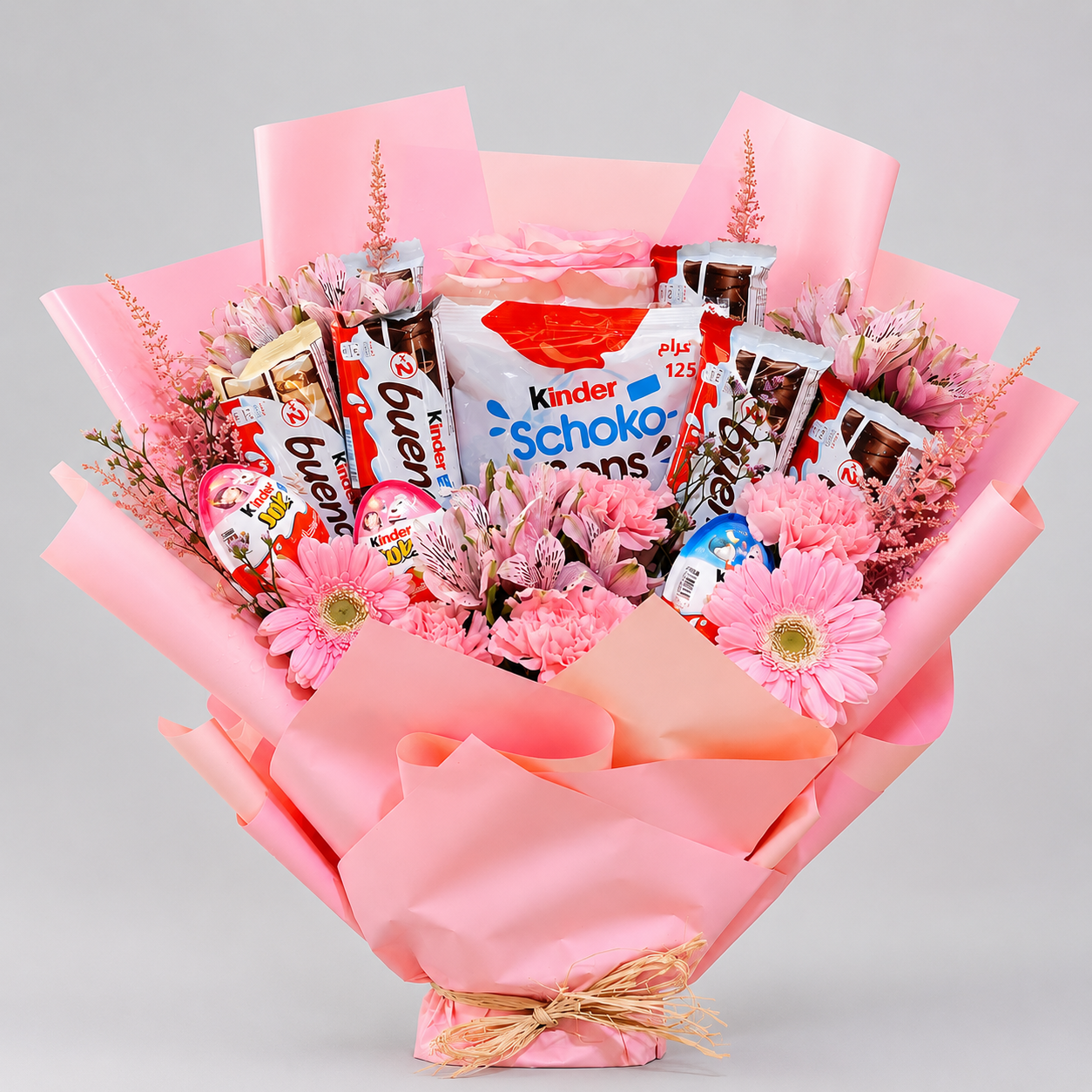 Kinder Chocolate Bouquet with Pink Flowers-italianflowerkw