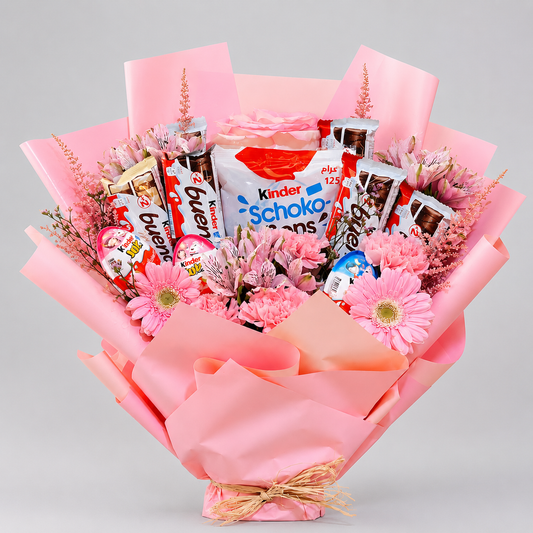 Kinder Chocolate Bouquet with Pink Flowers-italianflowerkw