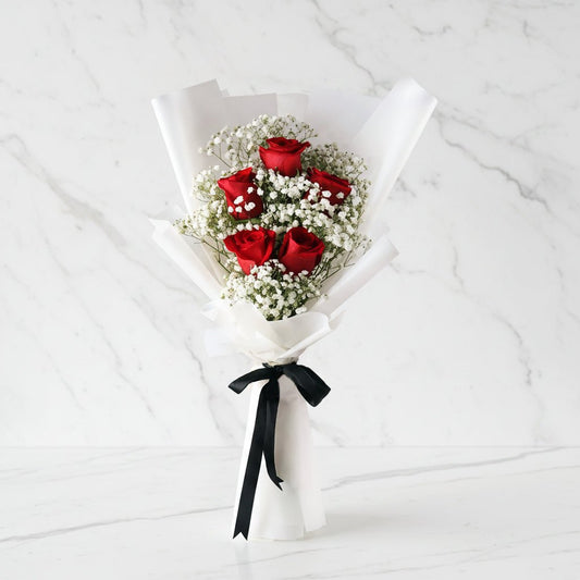Red Roses with Gypsum White Wrapping Bouquet-italianflowerkw