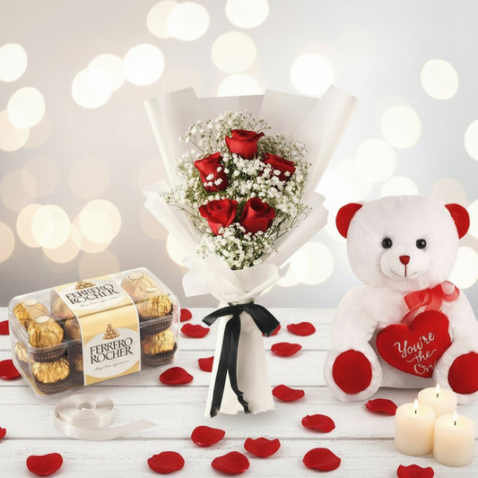 Red Roses, Ferrero Rocher & Teddy Bear Gift Bouquet-italianflowerkw