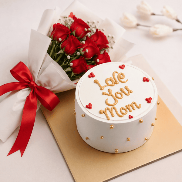 Love You Mom Cake & Rose Bouquet - italianflowerkw