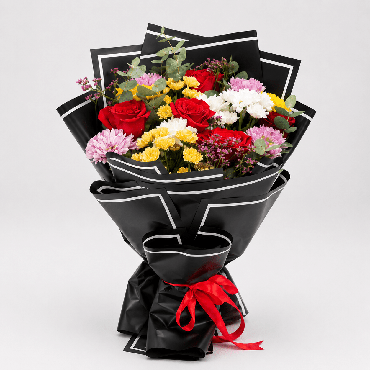 Mixed Bouquet – 5 Red Roses with Seasonal Flowers & Black Wrap-italianflowerkw
