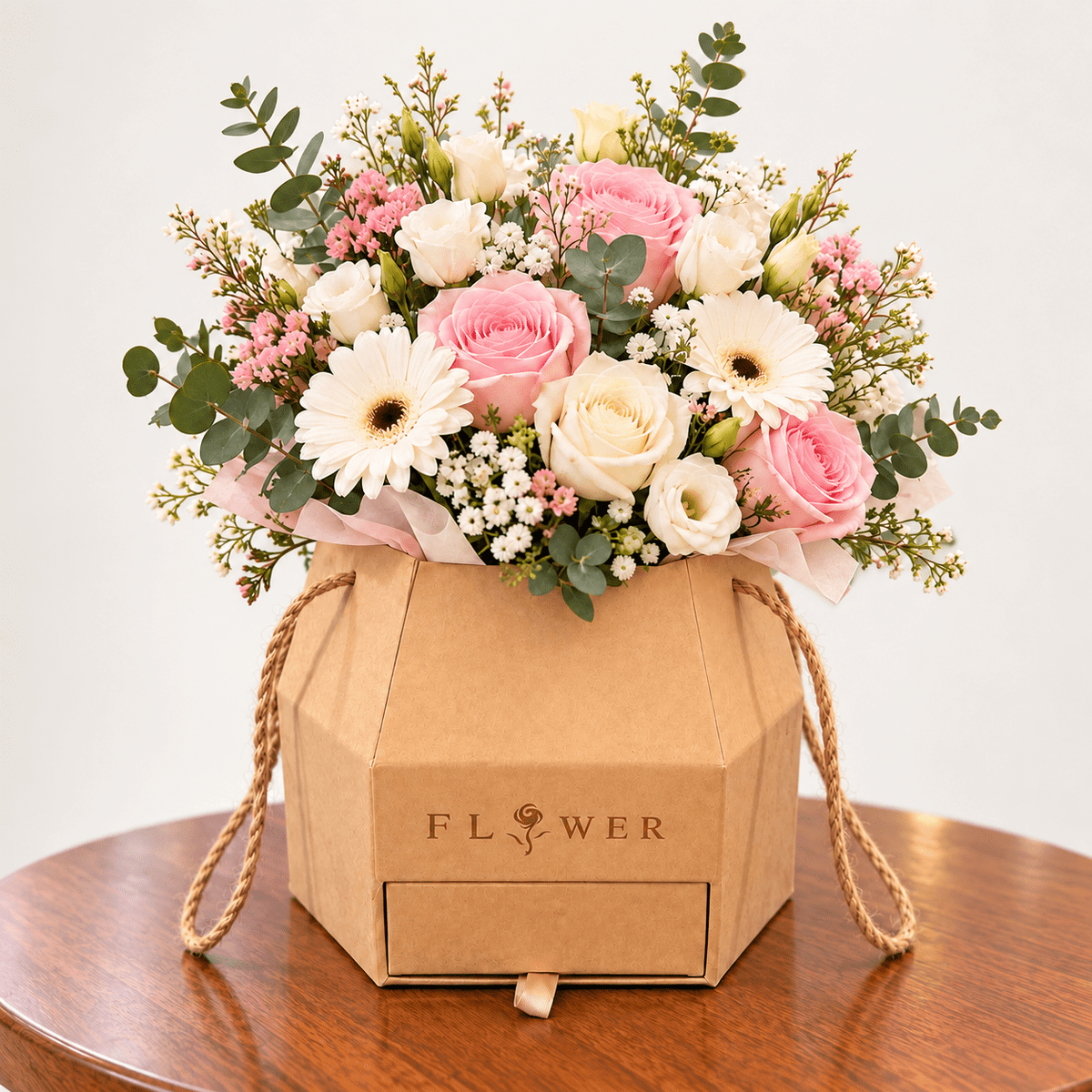 Pastel Rose & Gerbera Kraft Box flowers kuwait-italianflowerkw