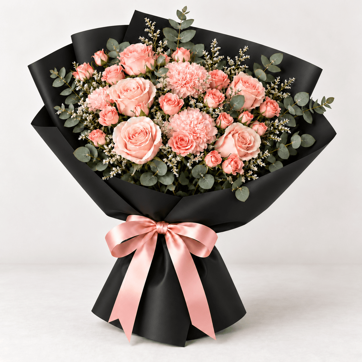 Peach Rose Bouquet in Elegant Black Wrap-italianflowerkw