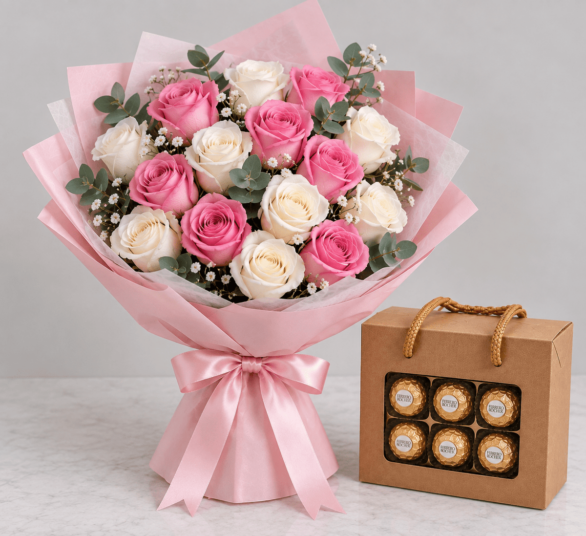 pink and white rose bouquet with Ferrero Rocher-italianflowerkwpink and white rosepink and white rose