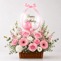Pink Birthday Flower Basket With Balloon-italianflowerkw