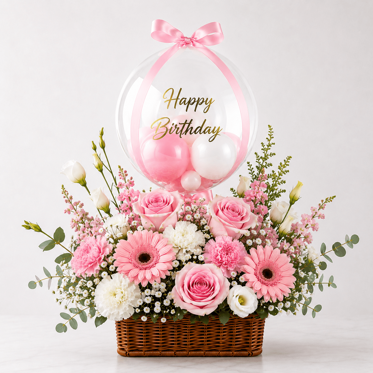 Pink Birthday Flower Basket With Balloon-italianflowerkw