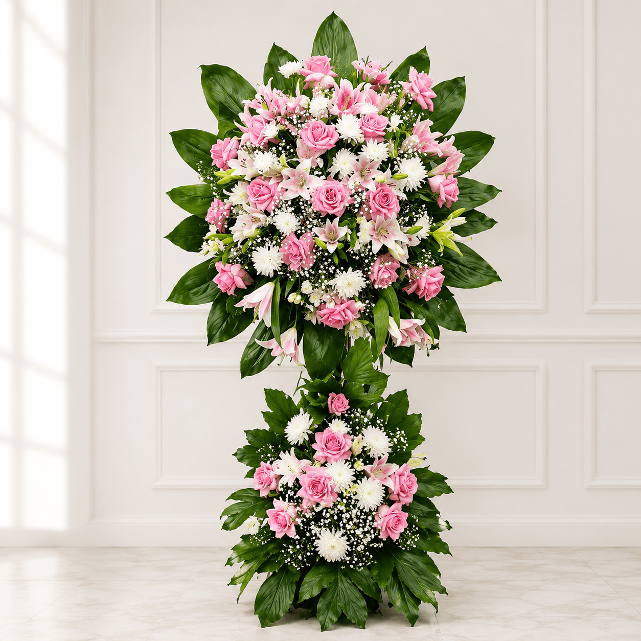 Pink Blossom Standing Arrangement – Roses, Lilies & White Craze-italianflowerkw