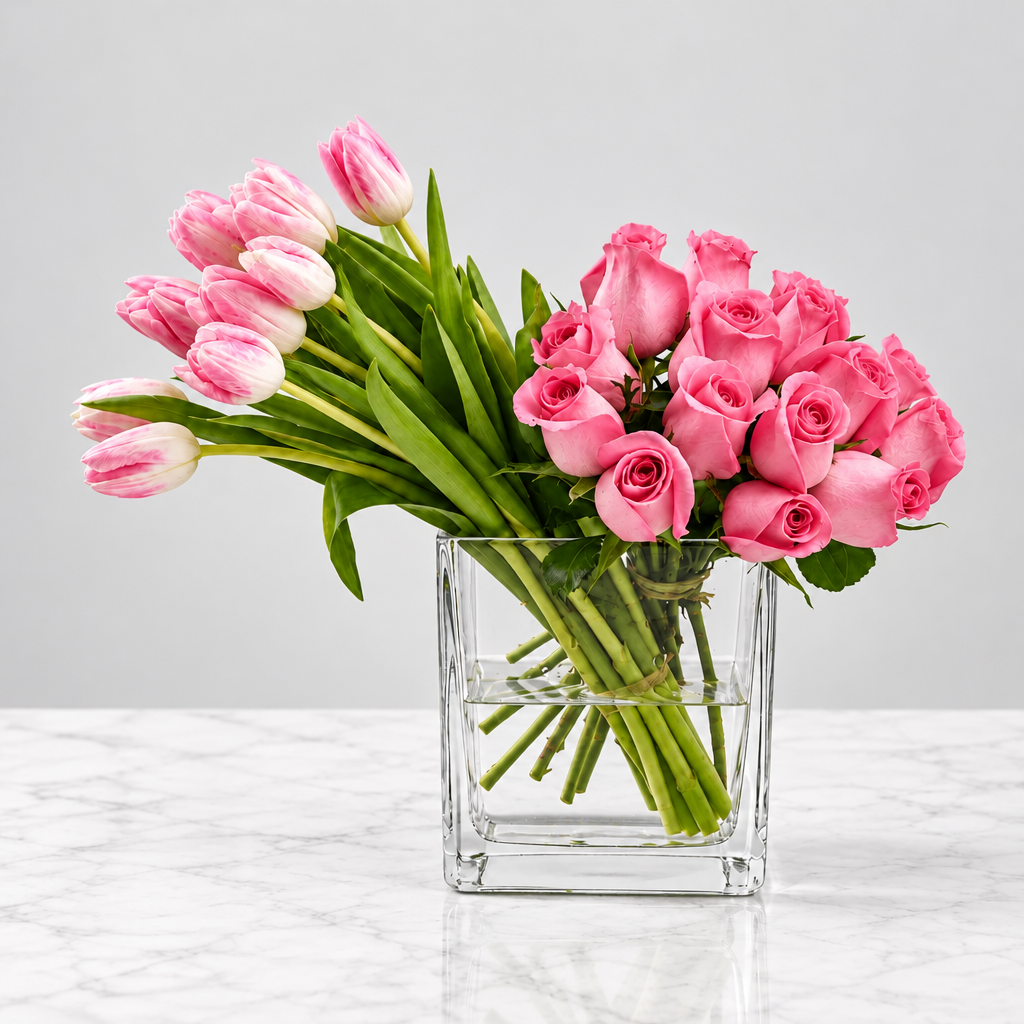Pink Blush Rose & Tulip Vase Arrangement-italianflowerkwVase Arrangement