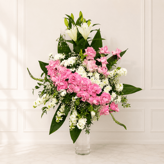Pink Garden Vase Arrangement – Roses, Lilies & White Craze in Clear Glass-italianflowerkw