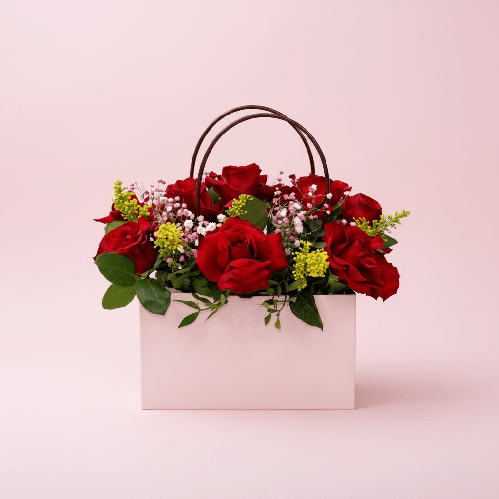 Pink Mini Bag with 5 Red Roses-italianflowerkw