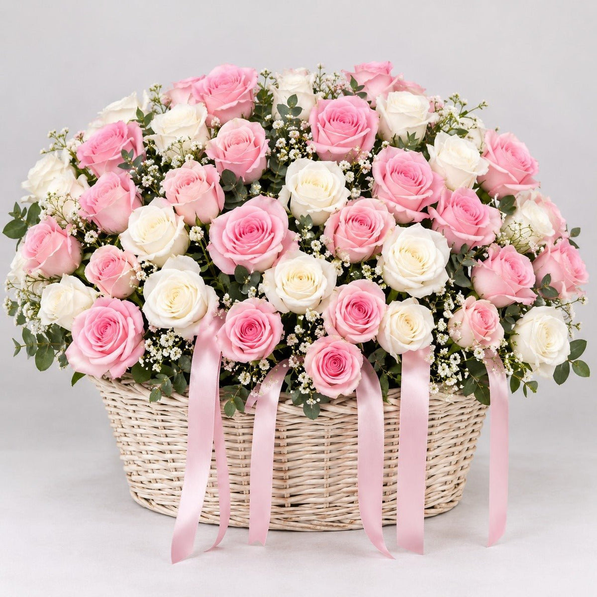 Pink & White Rose Basket Arrangement-italianflowerkw