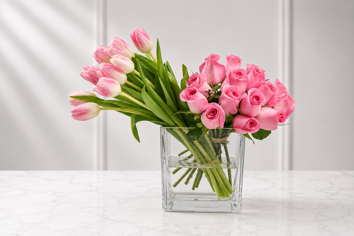 Pink Blush Rose & Tulip Vase Arrangement