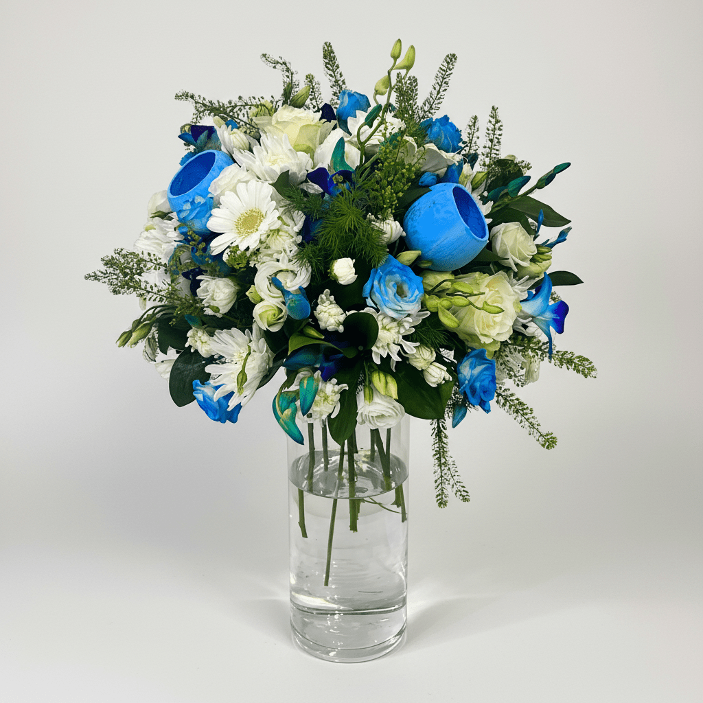 
Blue mix rose and gerbera flower arrangement in a vase – Poise by Italian Flower KW