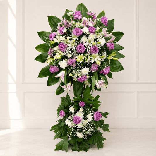 Purple Dream Standing Arrangement – Roses, Lilies & White Craze-italianflowerkw