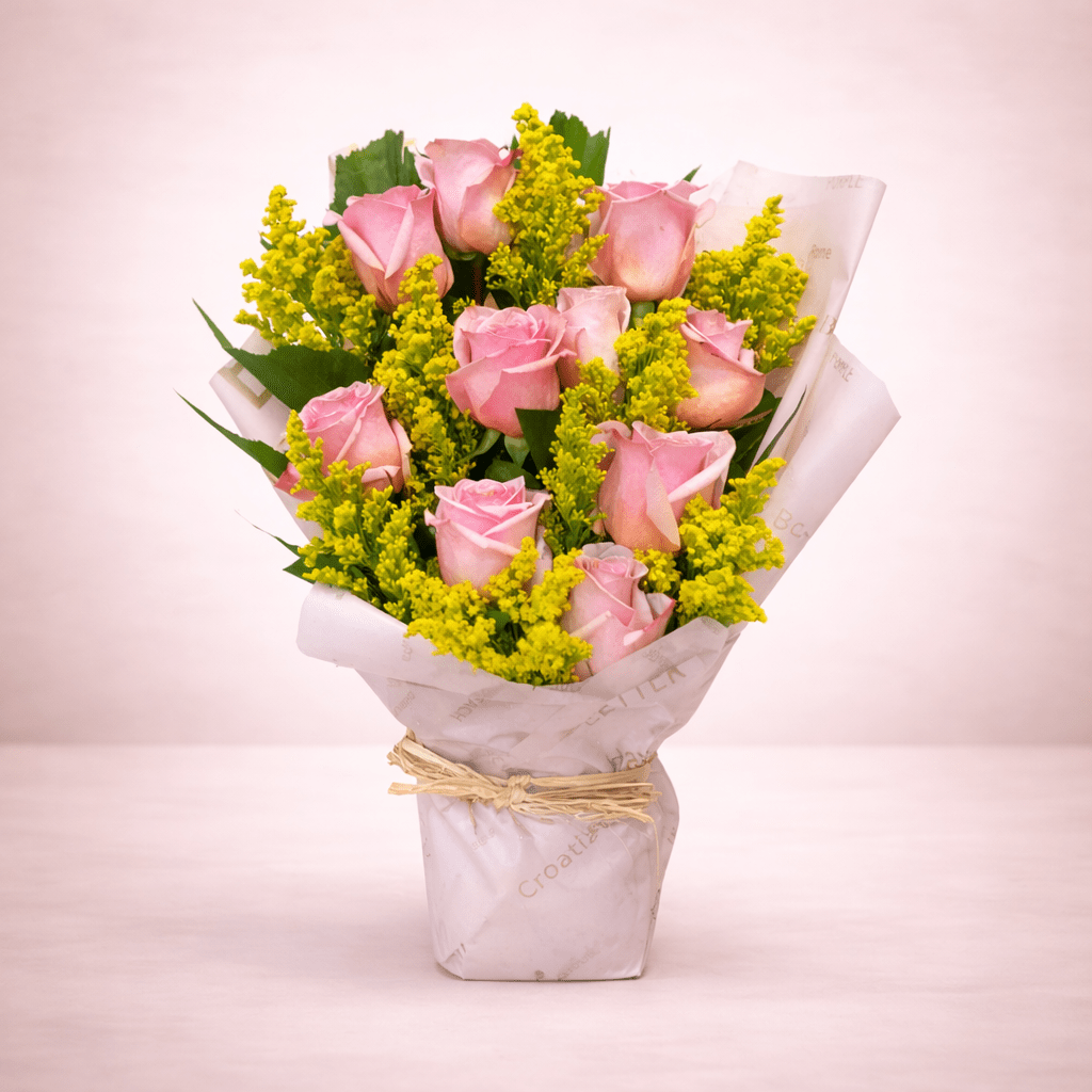 Pink Roses & Yellow Fillers Bouquet-italianflowerkwPink and Yellow Flower Bouquet