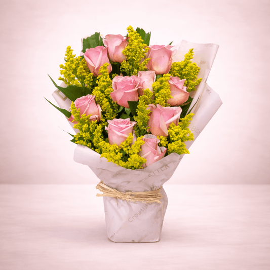 Pink Roses & Yellow Fillers Bouquet-italianflowerkwPink and Yellow Flower Bouquet