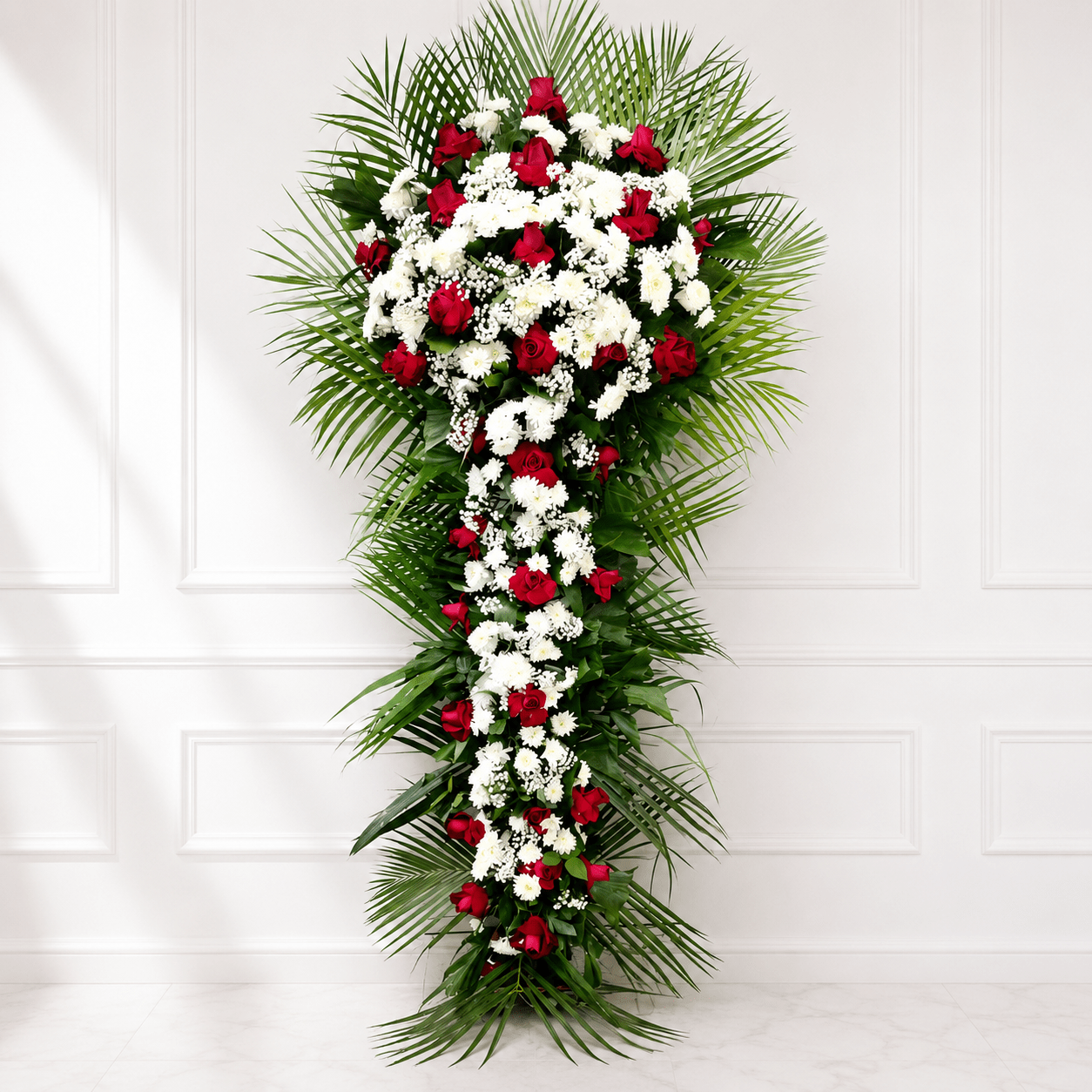 Red Roses Standing Arrangement – Roses, White Craze & Tropical Greenery-italianflowerkw