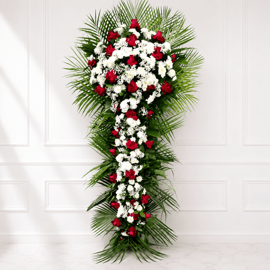 Red Cascade Standing Arrangement – Roses, White Craze & Tropical Greenery-italianflowerkw