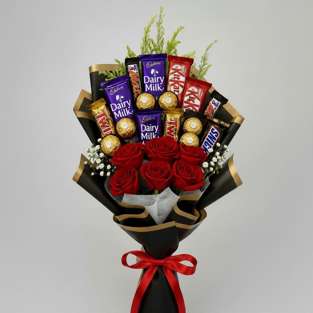Red Roses & Chocolate Bouquet-italianflowerkw