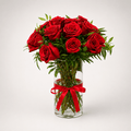 Red Roses in Clear Glass Vase with Ribbon-italianflowerkw