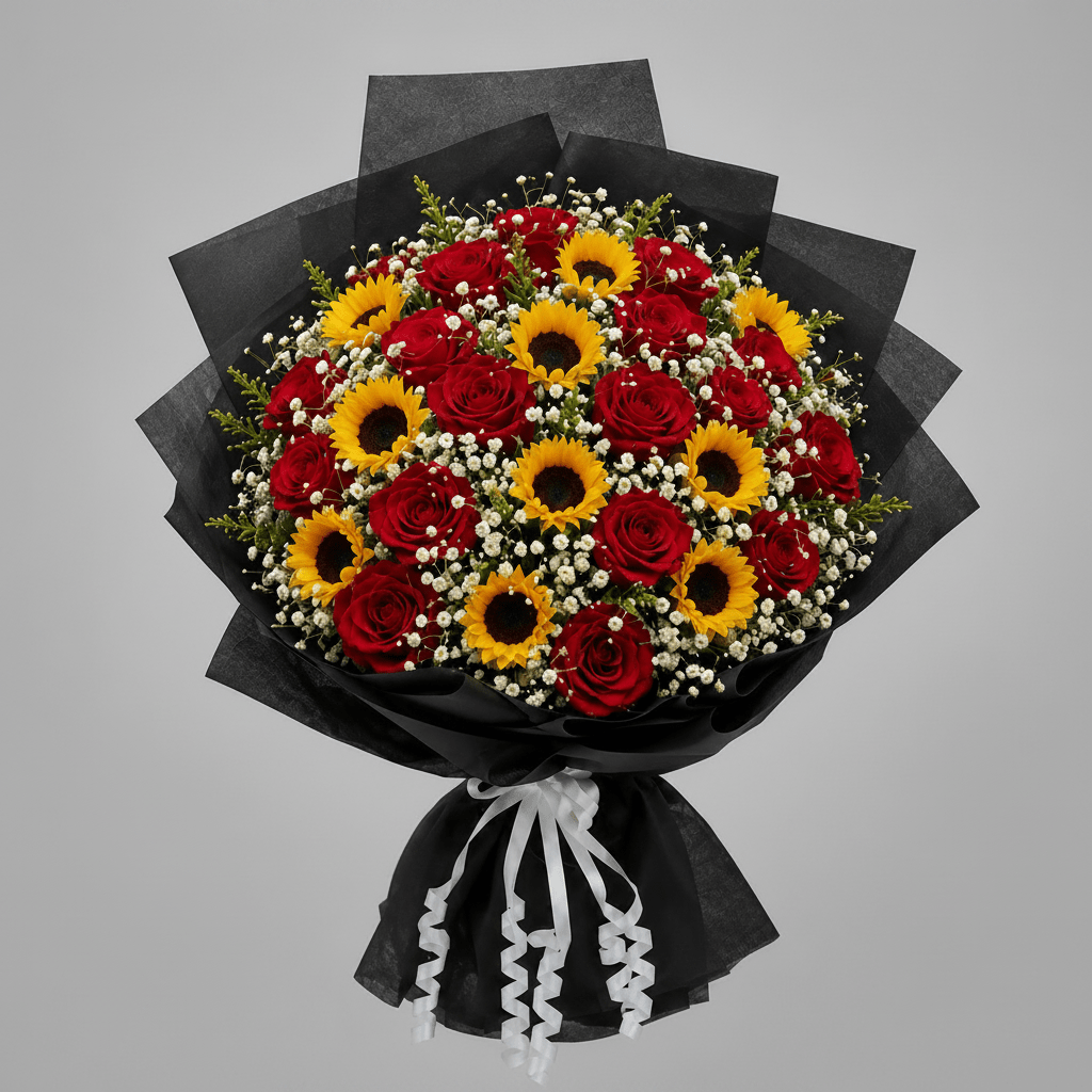 Red Roses & Sunflowers Bouquet with Gypsophilia-italianflowerkw