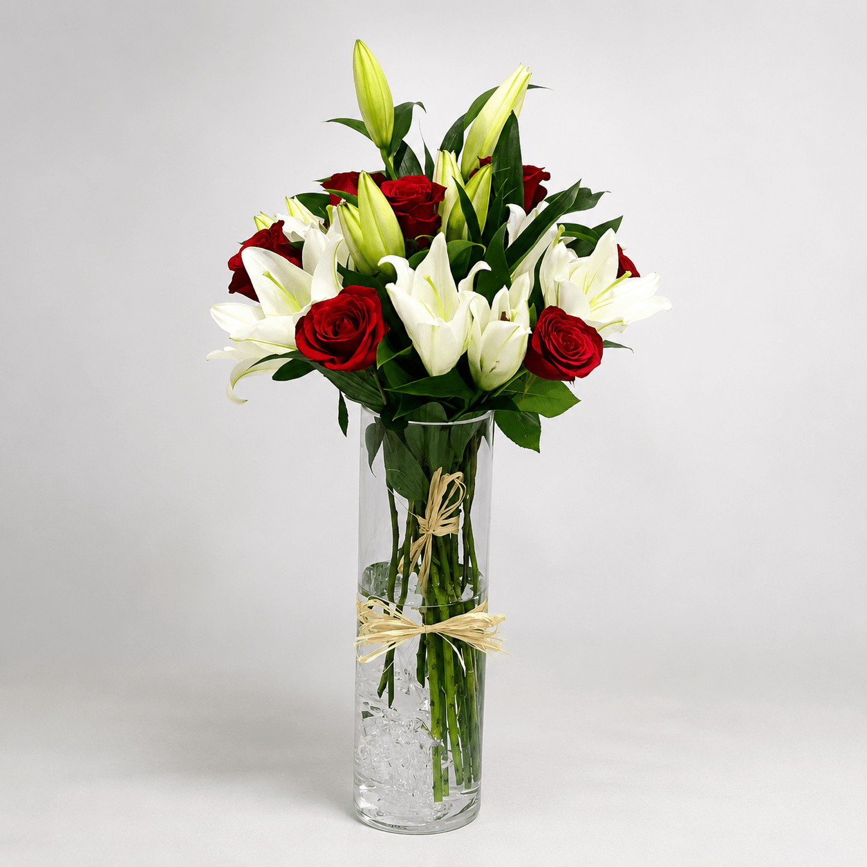 Red Roses & White Lilies in Glass Vase-italianflowerkw