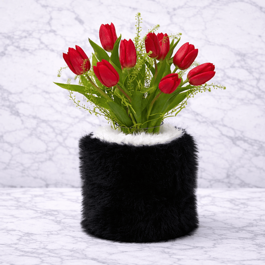 Red Tulip Arrangement in Black Plush Vase-italianflowerkw