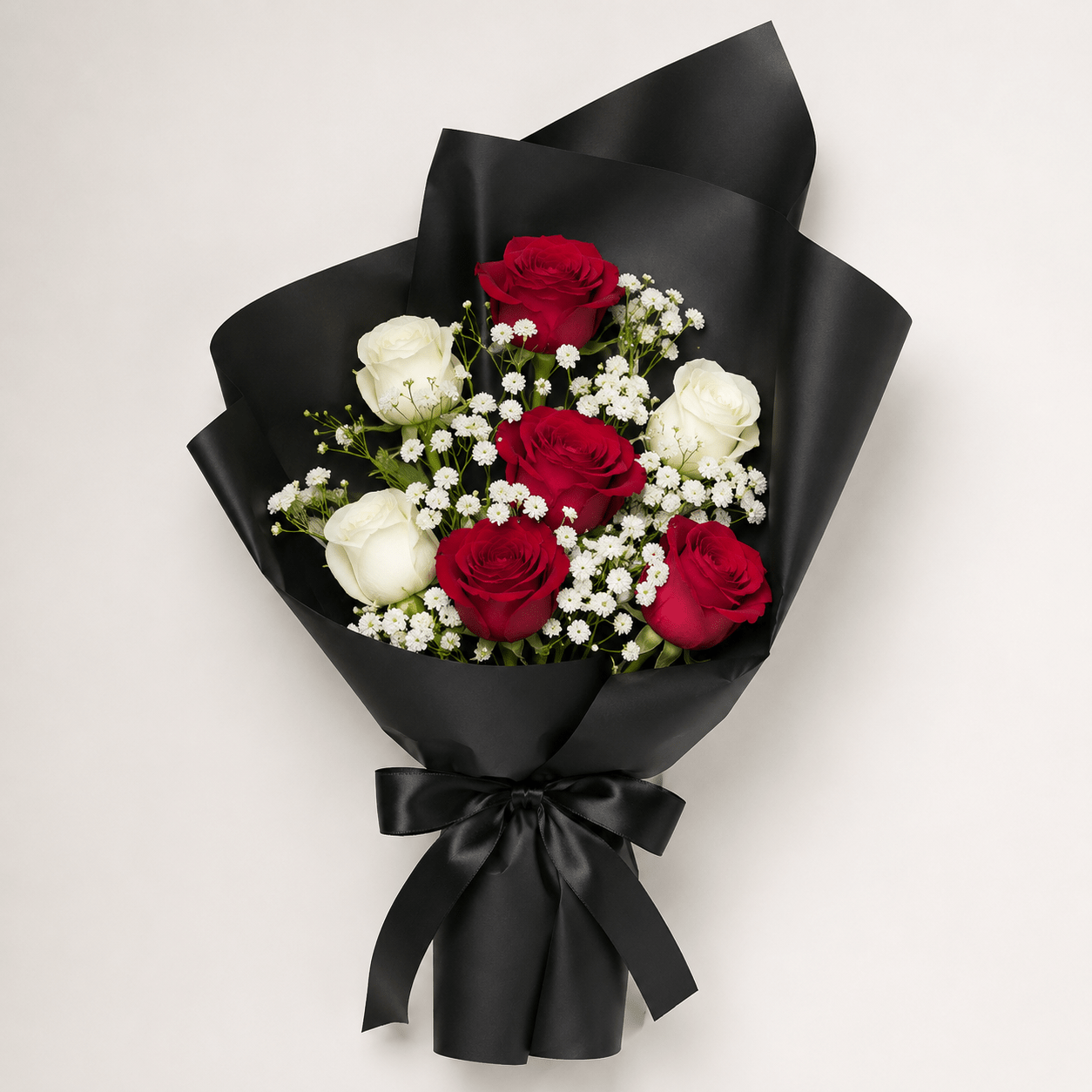 Red & White Roses Bouquet – 7 Stems | Black Wrapping-italianflowerkw
